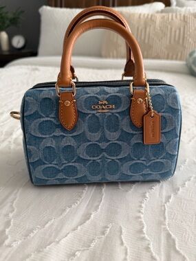Coach Blue Denim Signature Mini Satchel with Tan Leather Trim